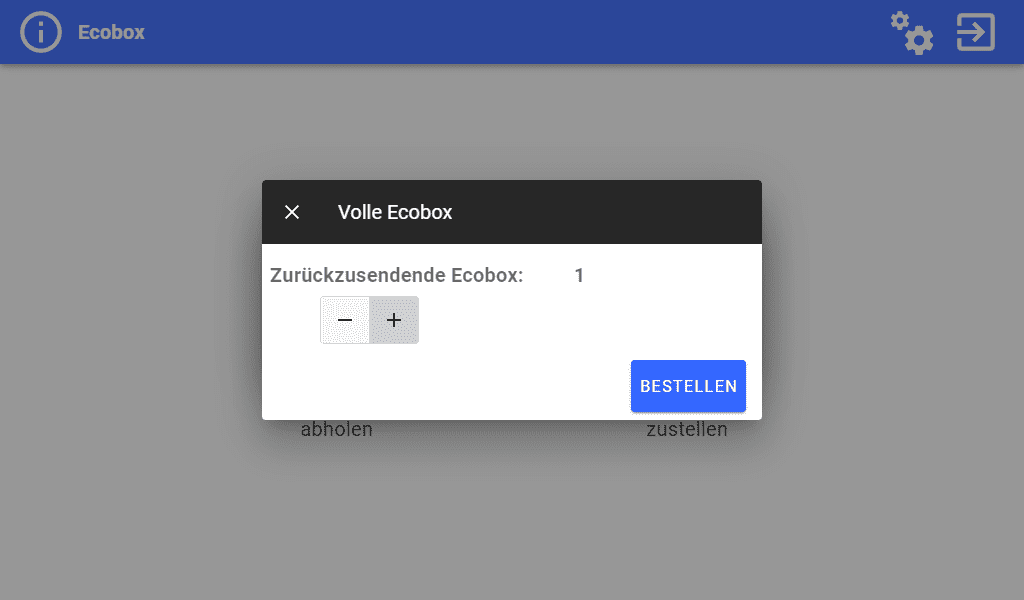Ecobox-Anwendung - Bildschirm für die Rückgabe von Verbrauchsmaterial Ecobox-Konfigurationsbildschirm Auswahl der Anzahl der Packungen