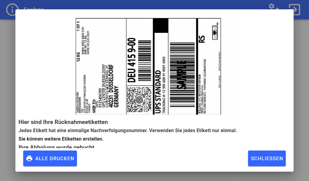 Ecobox-Anwendung - Bildschirm Druckbare Etiketten Ecobox-Konfigurationsbildschirm zu druckendes Rücksendeetikett
