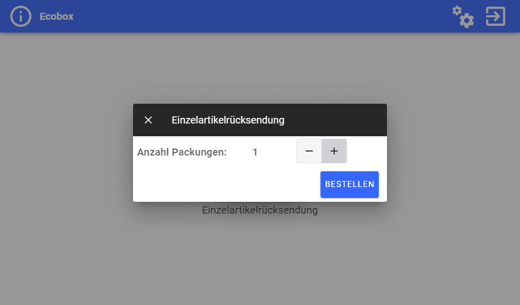Ecobox-Anwendung - Bildschirm zur Auswahl der Anzahl der Packungen Ecobox-Konfigurationsbildschirm Rückgabe einzelner Verbrauchsmaterialien Anzahl der Packungen