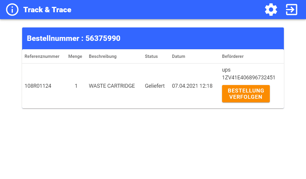 Track & Trace-Anwendung - Bildschirm Auftragsnummer Track & Trace-Konfigurationsbildschirm Auftragsnummer